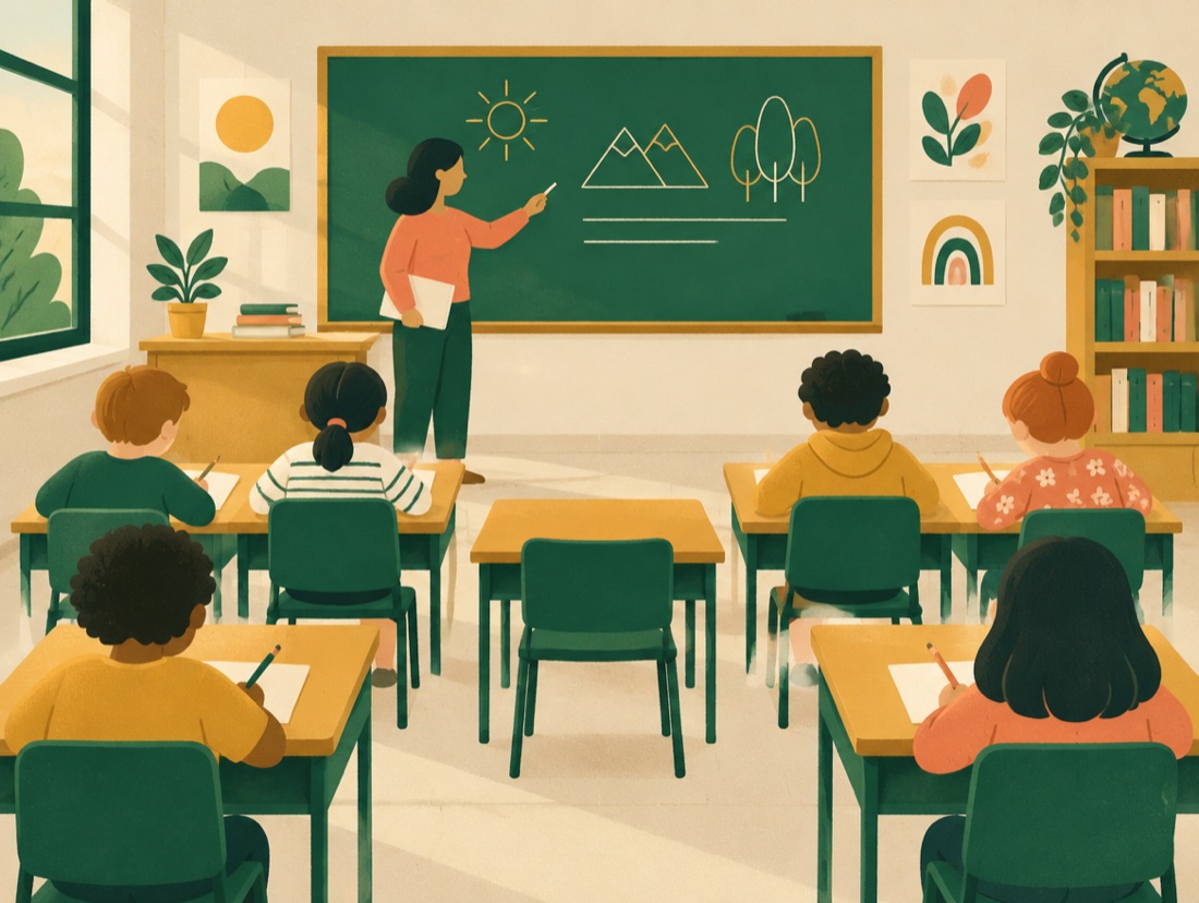 A calm classroom with students working and the teacher at the board