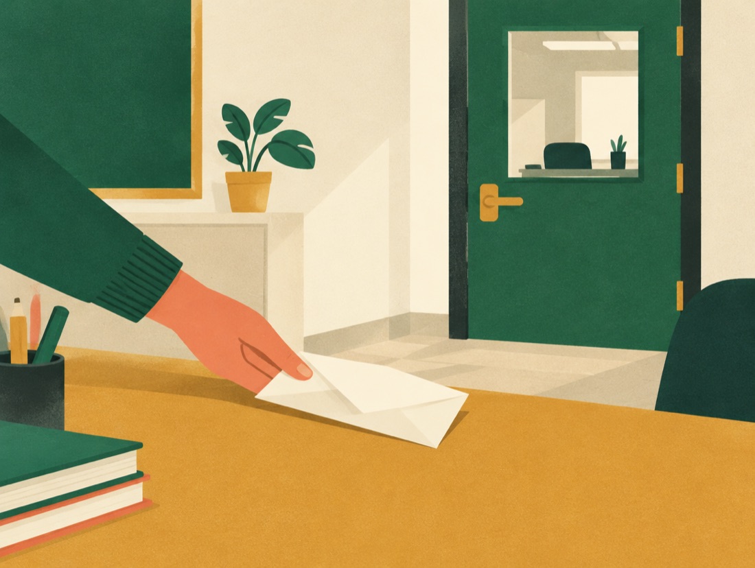 A teacher's hand sliding a letter across a desk toward the office